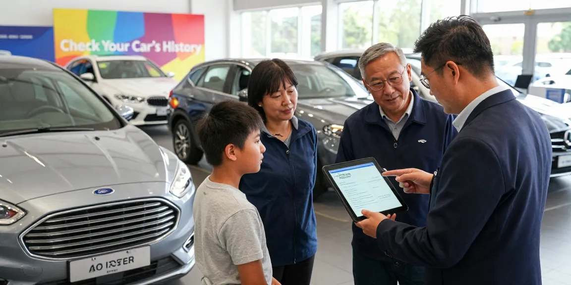 Potential buyers performing a car history check UK at a dealership with a sales rep showing a report on a tablet.