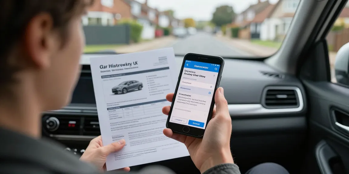Car history check UK report being reviewed in car during vehicle inspection.