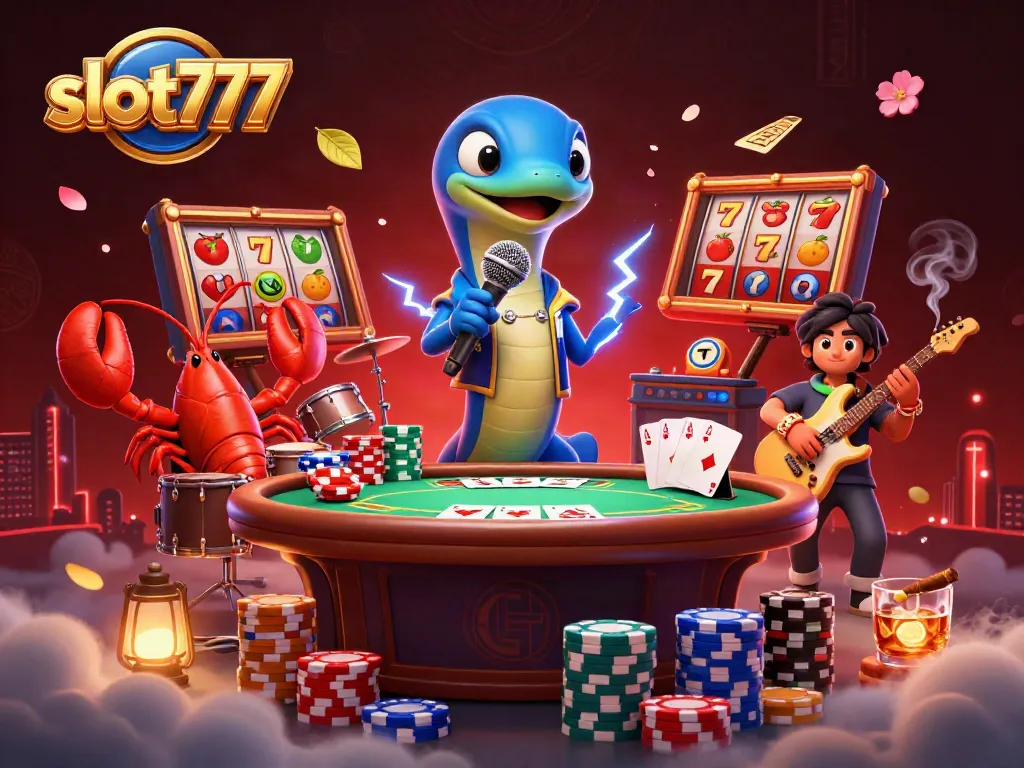 Engage with slot777 in an electric casino scene featuring vibrant characters and dynamic gaming elements.