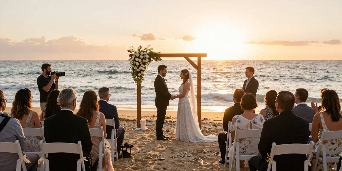 Couple celebrating wedding by the beach at sunset with dr 70 emotional vibes.