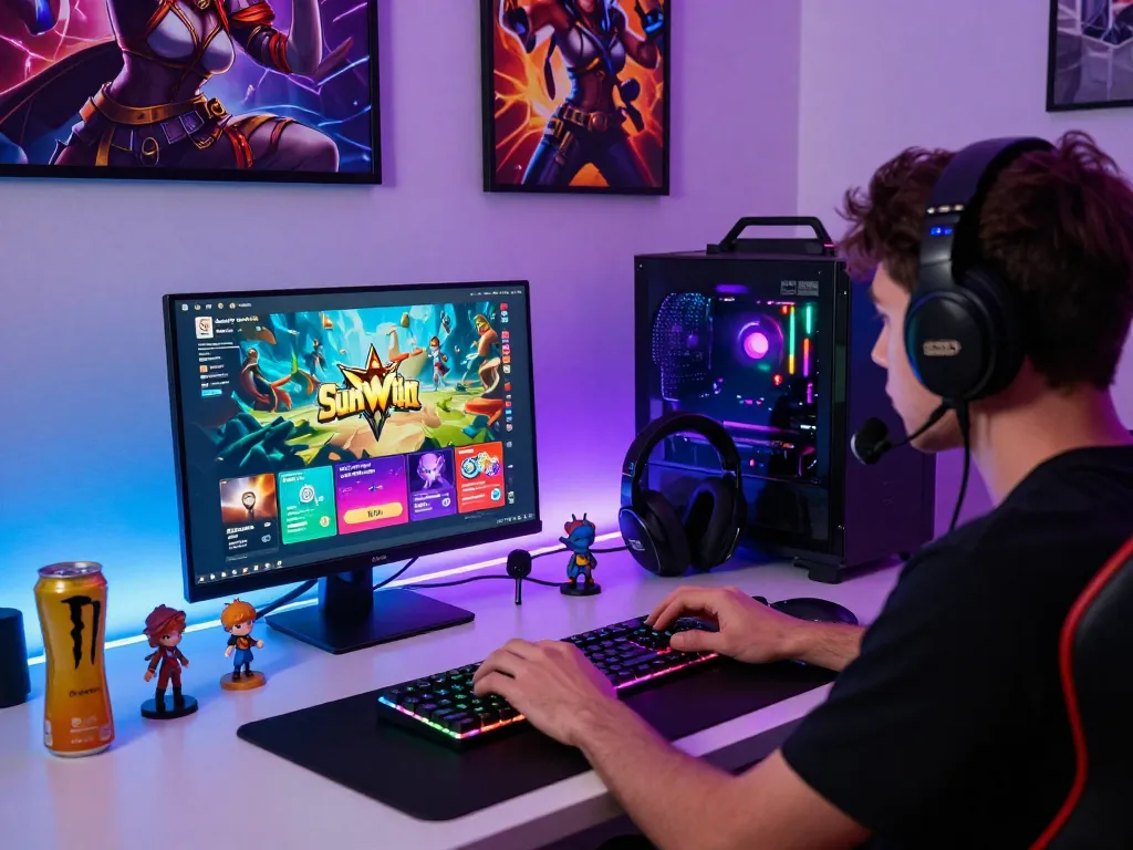 Exciting online gaming setup with Sun Win logo on laptop screen featuring immersive graphics and vibrant atmosphere.