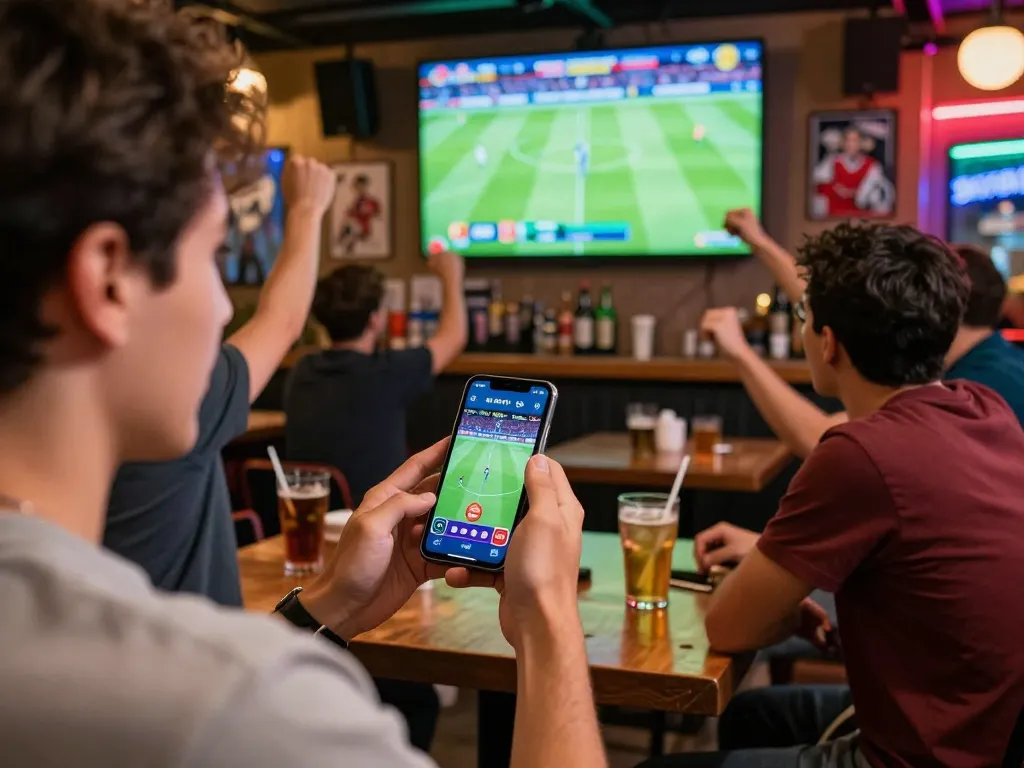 Aksi Judi Bola dengan penjudi olahraga yang terlibat menggunakan smartphone sambil menonton sepak bola secara langsung, suasana yang hidup.