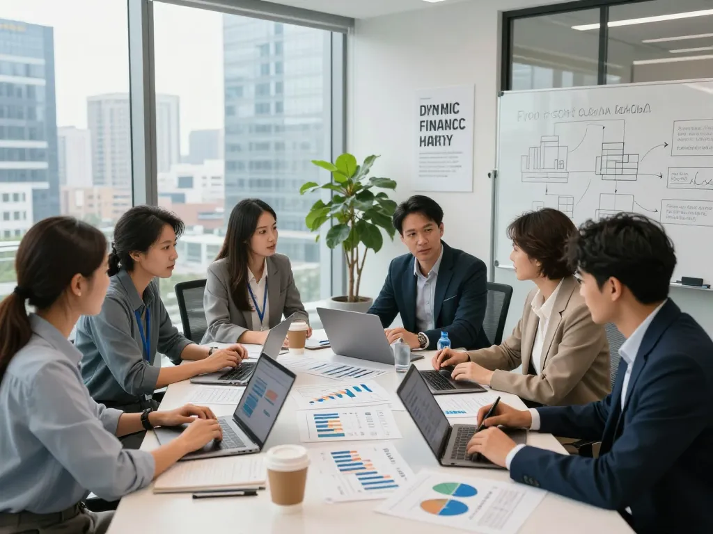 Team collaborating on large scale project financing strategies in a modern office.