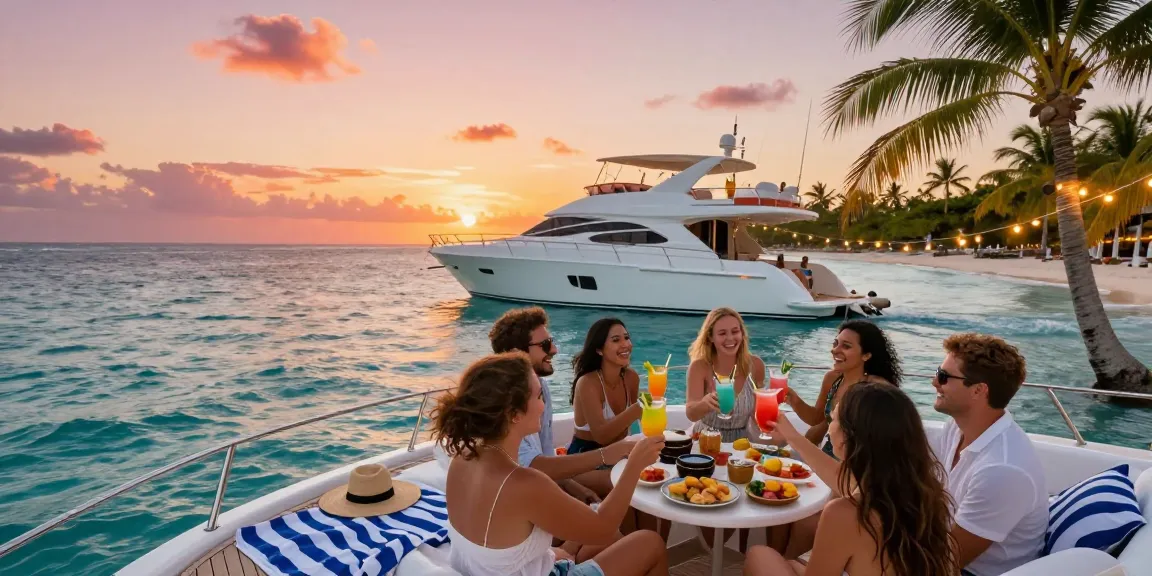 Luxury yacht rental in Punta Cana with friends celebrating over tropical drinks at sunset.