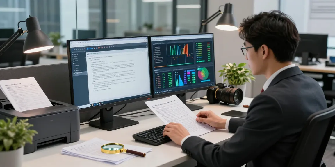 Professional analyzing document fraud detection data in a modern office environment, showcasing software and analytics tools.