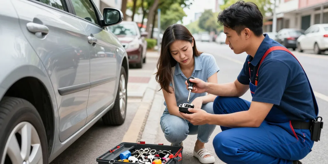 Autosleutel kwijt? A locksmith helping a distressed customer outside a locked car.