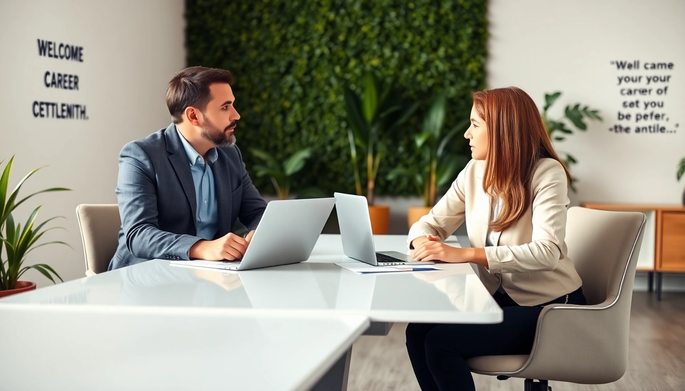 Engaging career coaching session with a client in a modern office.