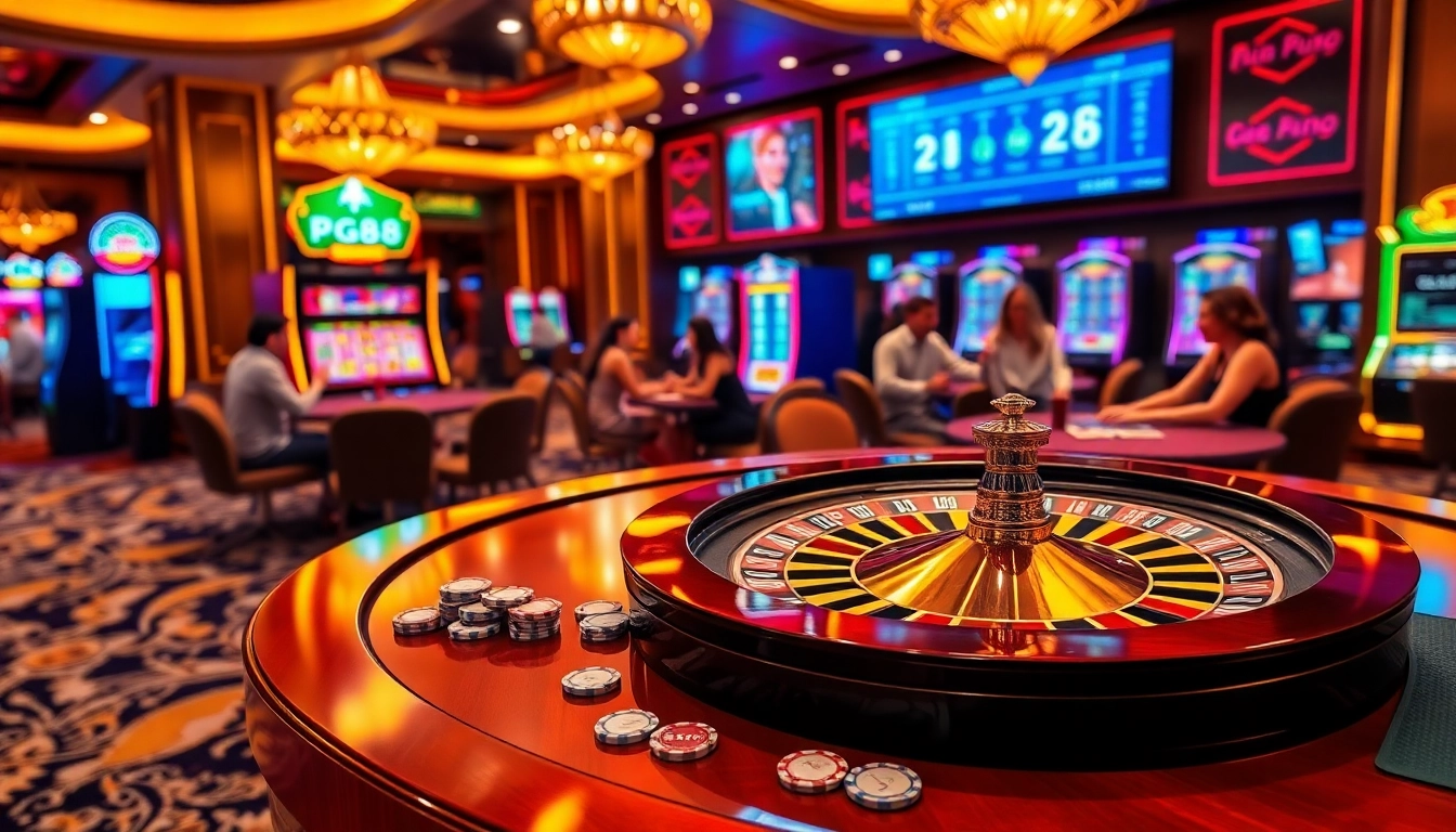 Exciting pg88 casino scene showcasing roulette wheel and poker players in action.