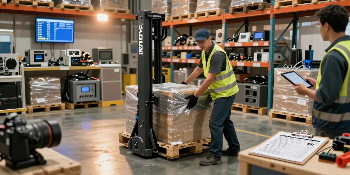 Dynamic operation of an Apollo stacker in a busy warehouse, showcasing efficiency and teamwork in material handling.