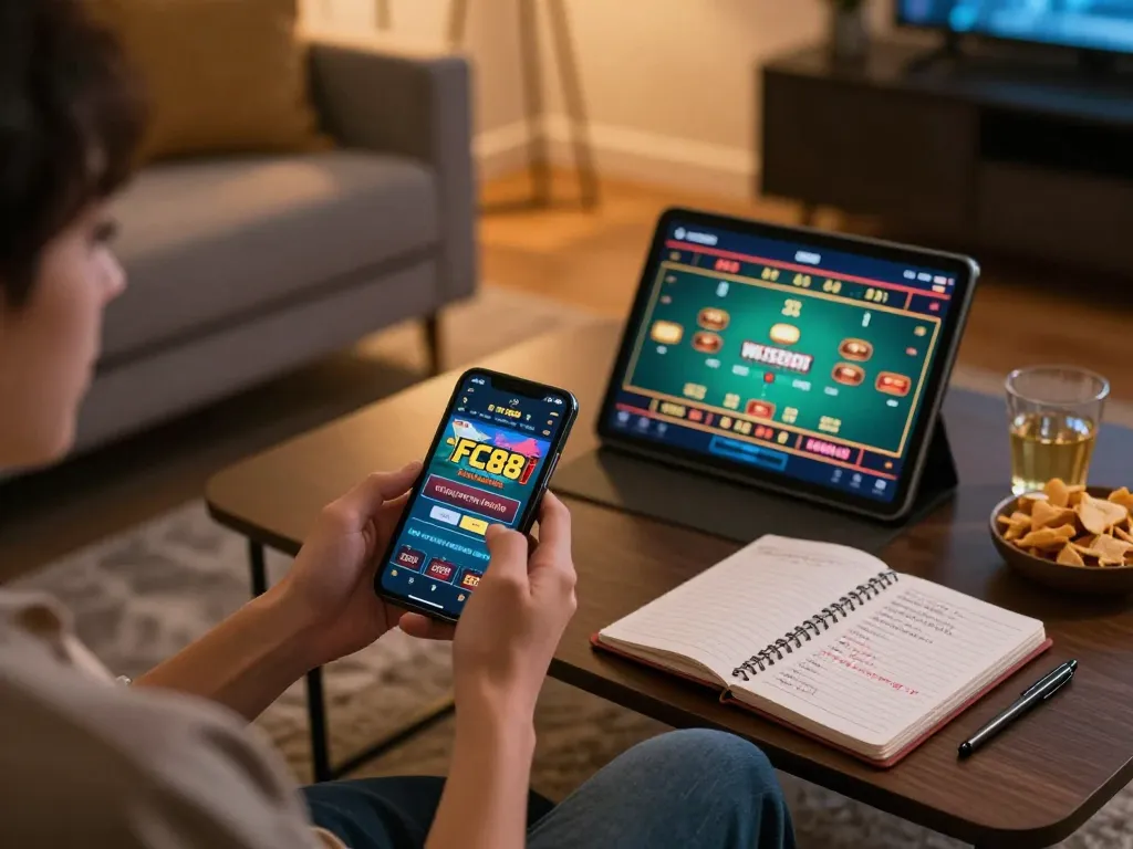 Play casino games on the FC88 app from a comfortable home setup with strategic notes.