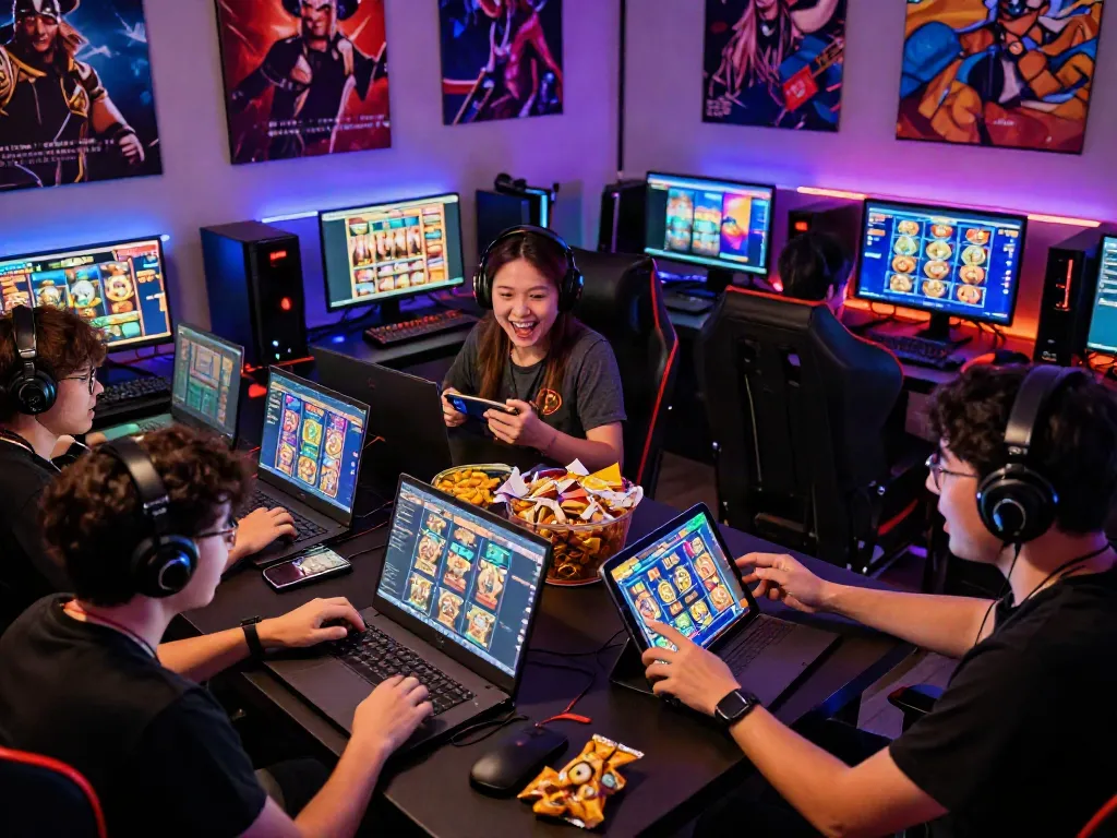 Exciting scene of players enjoying situs gacor games on various devices with vibrant gaming setups.