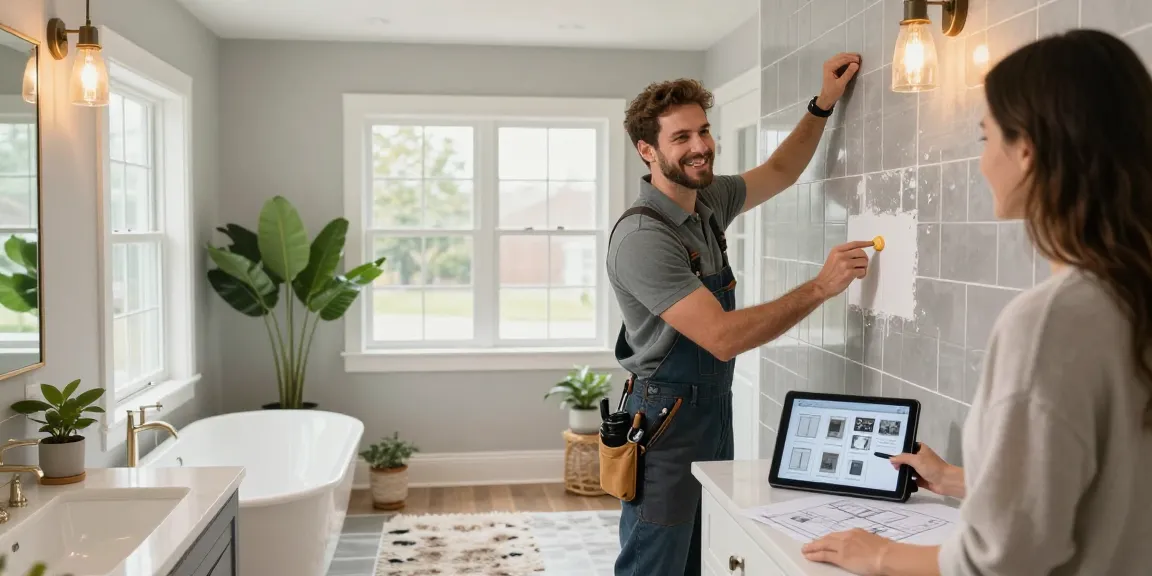 Oakville bathroom renovation featuring a contractor installing stylish tile while discussing modern design with a homeowner.