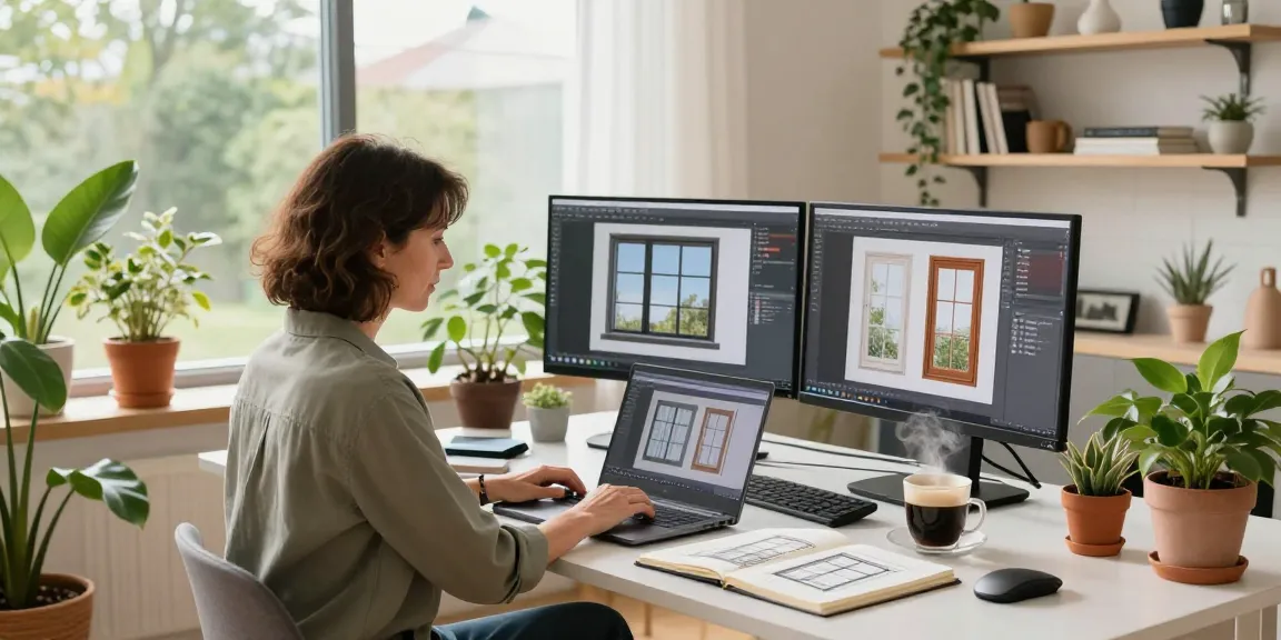 Home office workspace featuring window design options, highlighting the keyword Domain while creating a bright atmosphere.