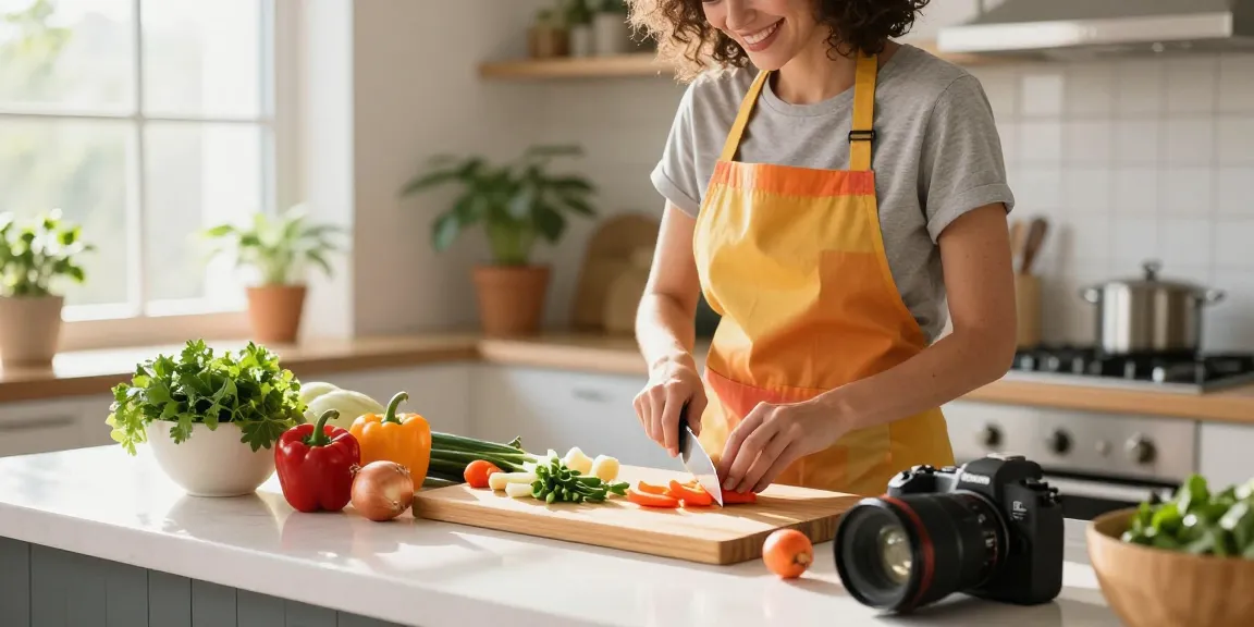 Cheerful chef using a totally bamboo cutting board for fresh vegetable prep in a bright kitchen.