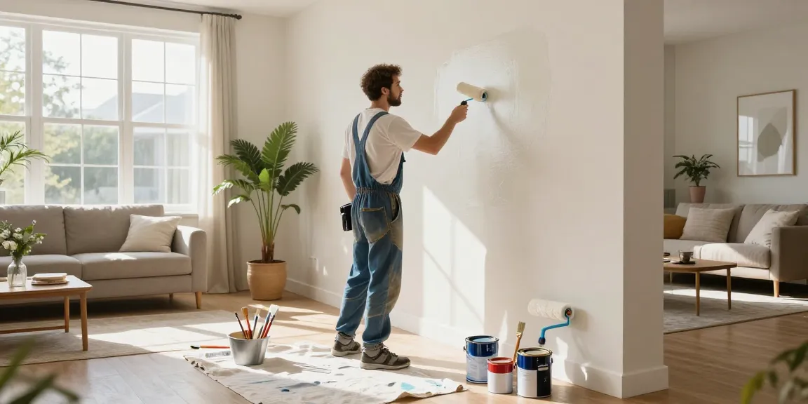 Painting services in action: skilled painter transforming a living room with fresh paint and bright sunlight.