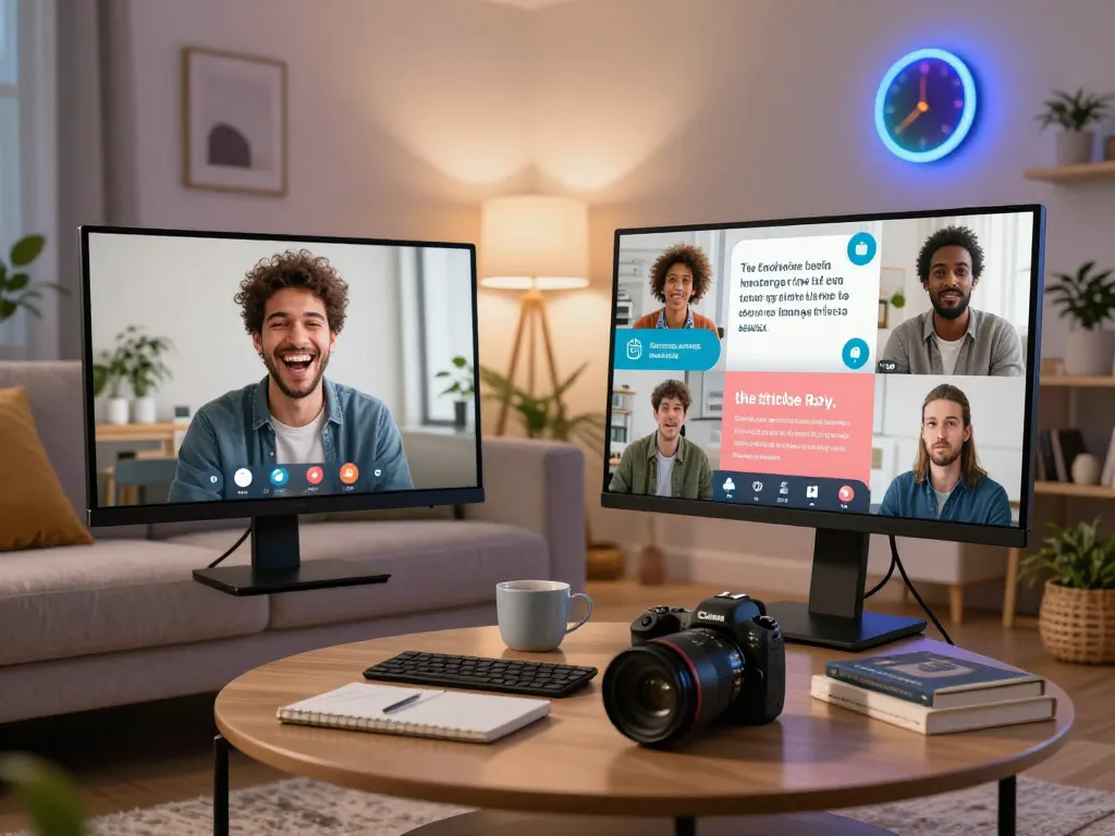 Dynamic scene of individuals interacting with a porn AI chat interface in a cozy living room.