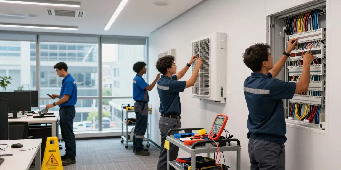 Facilities maintenance team performing essential repairs in a modern office space