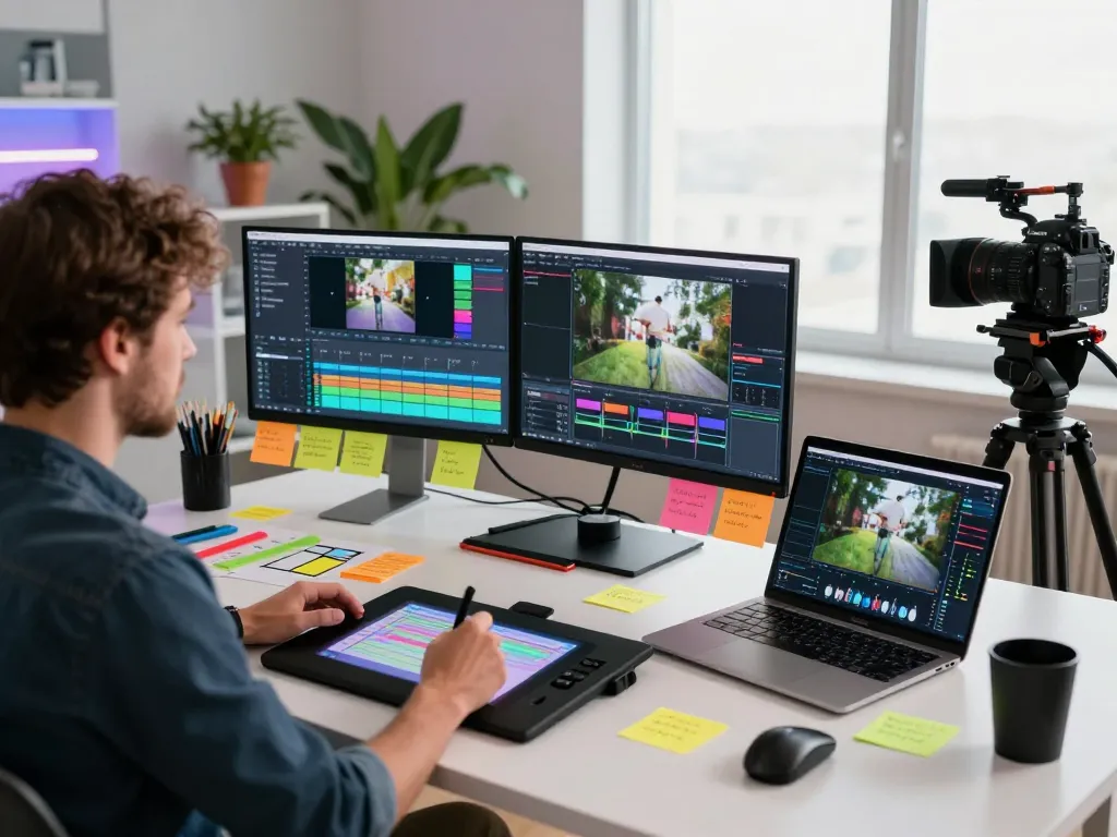 Kling motion control artist working on innovative video animations in a sleek digital studio.
