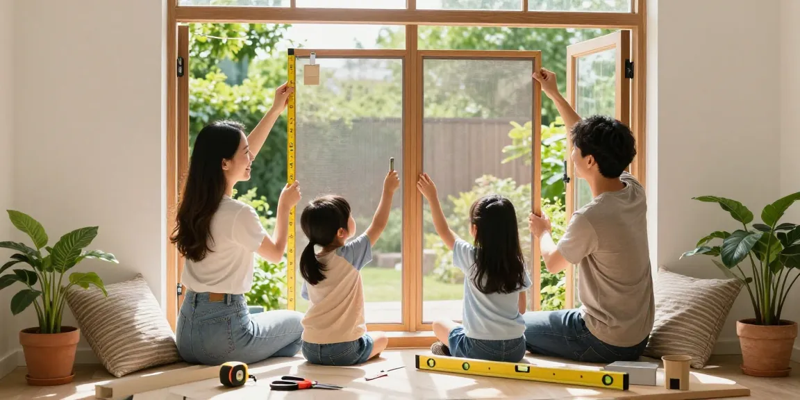 Family installing a Sineklik at a sunny window, emphasizing teamwork in home improvement.