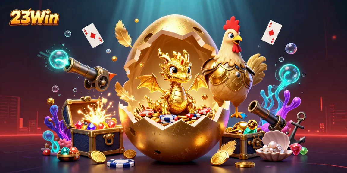 Experience the thrilling world of 23Win with a golden dragon in a vibrant casino scene filled with treasures.