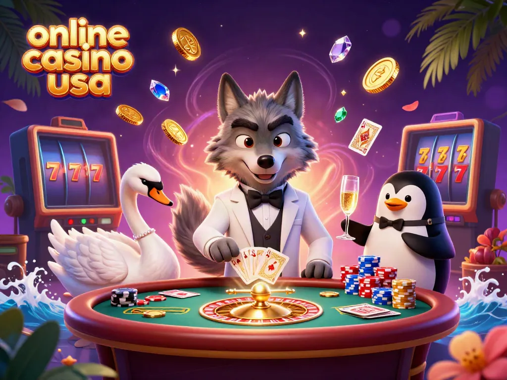 Experience captivating online casino games USA with a debonair wolf, elegant swan, and sophisticated penguin amidst a lively casino scene.