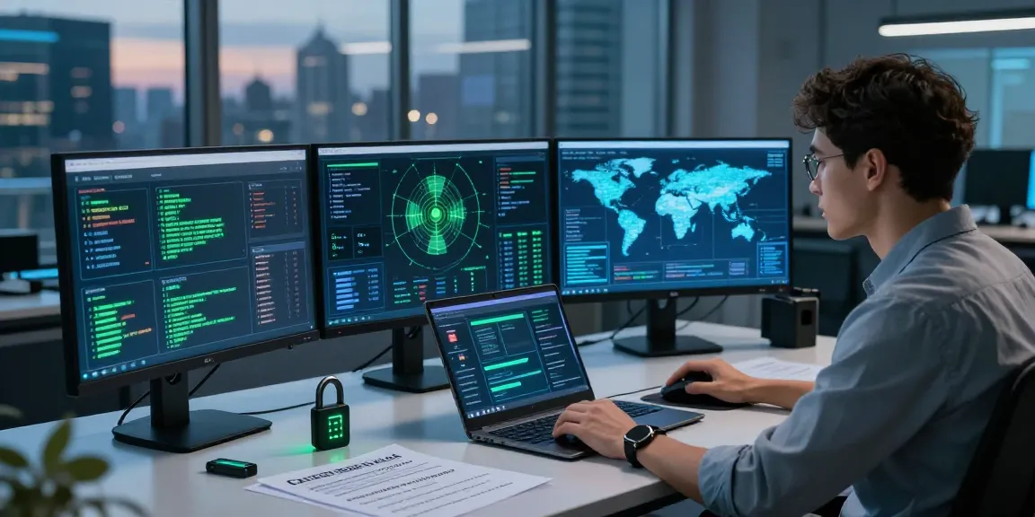 Cybersecurity analyst using advanced malware protection software in a high-tech workspace.