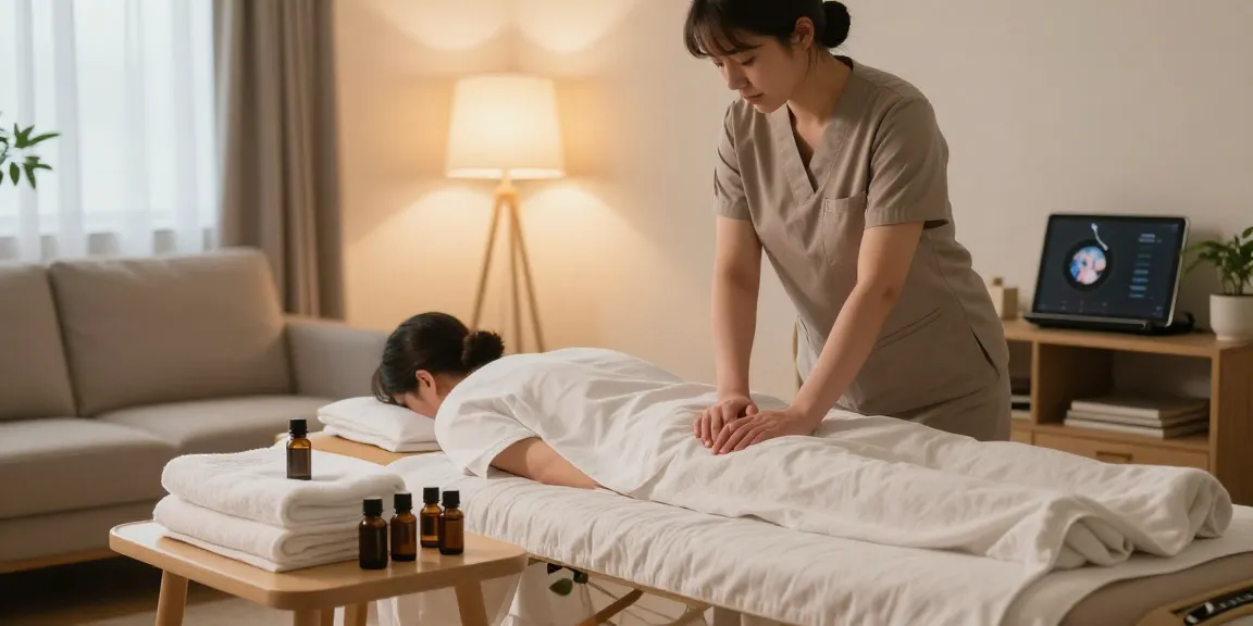 송파출장마사지 session in a calming home environment with a therapist preparing.