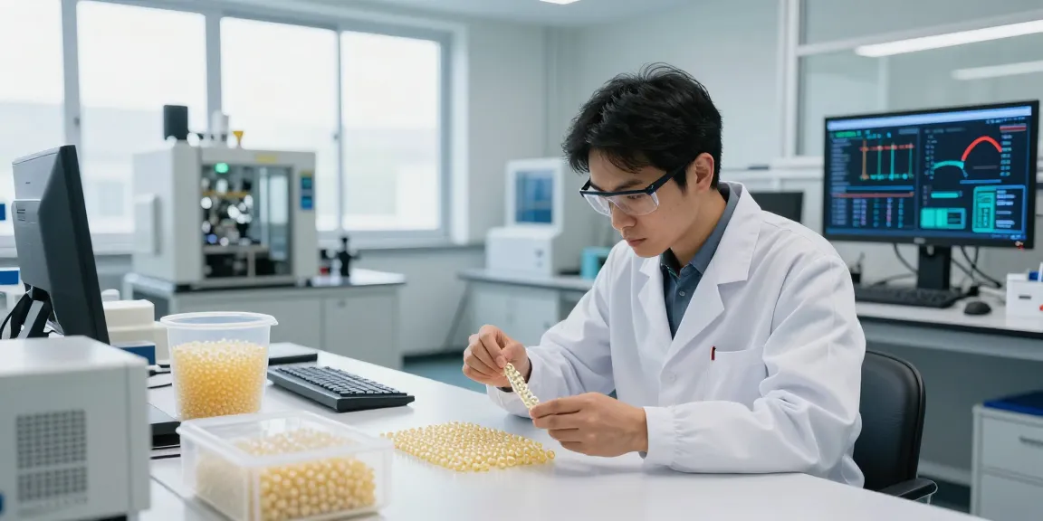 Engineer analyzing polymer expandable microspheres in high-tech lab showcasing innovation and precise manufacturing.