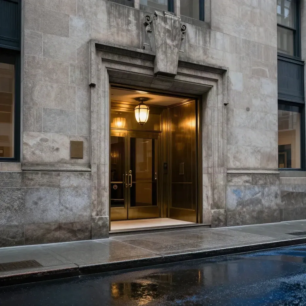 Rain-slick financial tower entrance with brass-lit lobby and taxi reflections