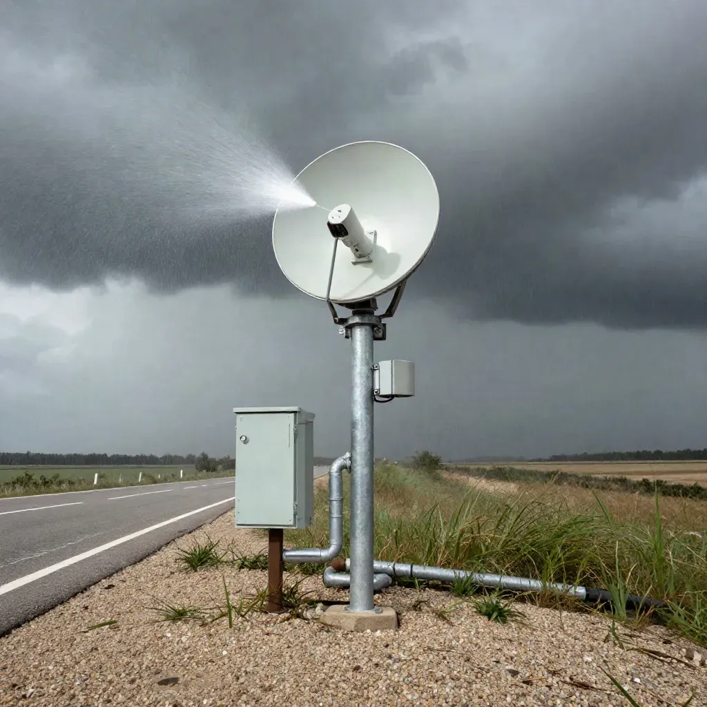 Roadside weather radar dish vanishing into summer storm spray beside a wet highway shoulder.