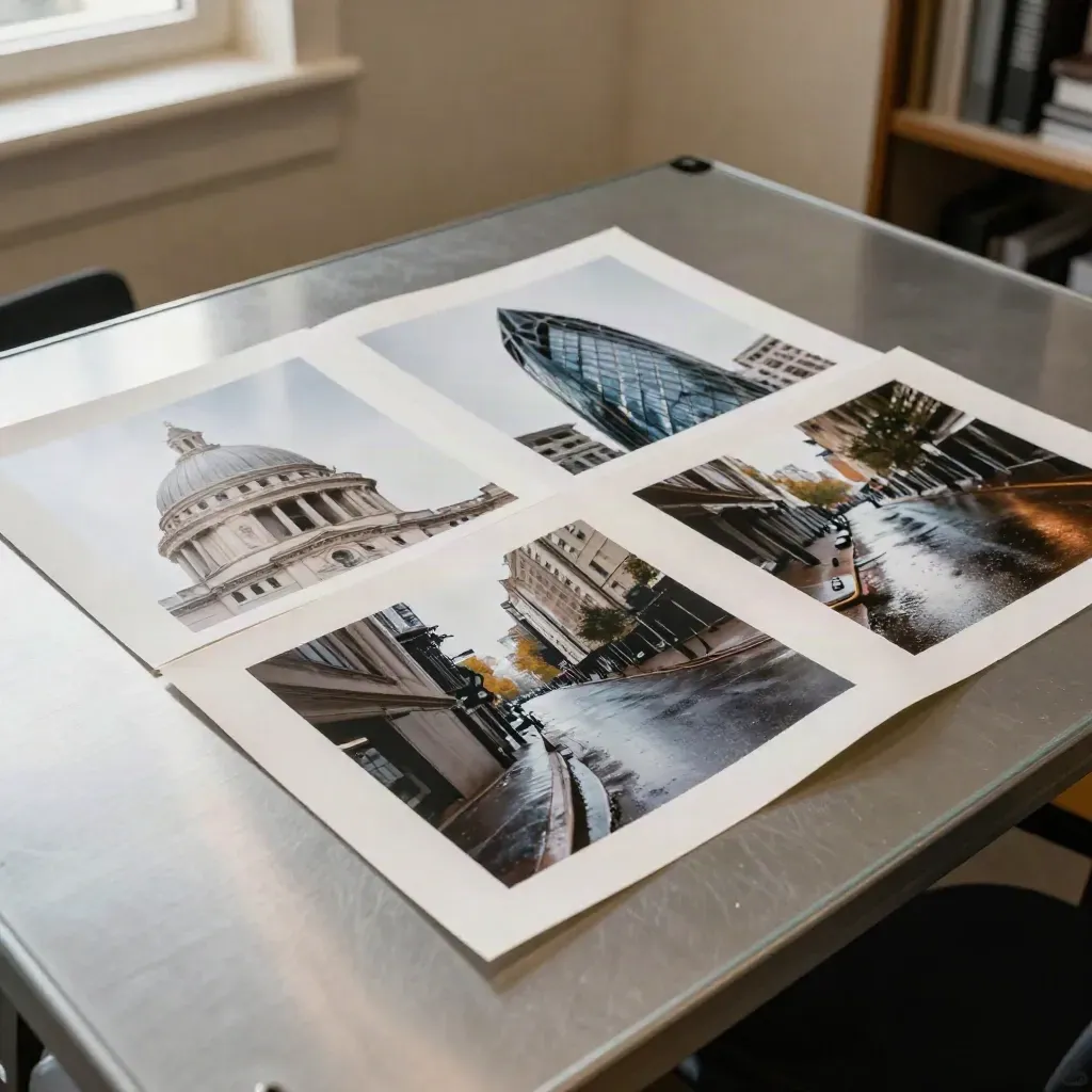 Overhead newsroom light table with three large photo prints of Washington, finance, and flood stories