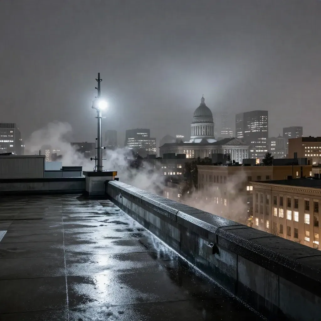 Rainy night skyline with broadcast mast, radar dome, courthouse dome, and glowing newsroom windows.
