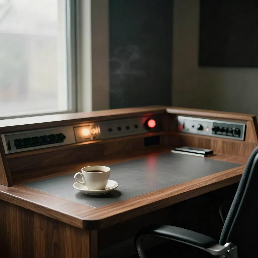 Empty anchor desk with a glowing monitor, coffee cup, and turned chair in a quiet newsroom