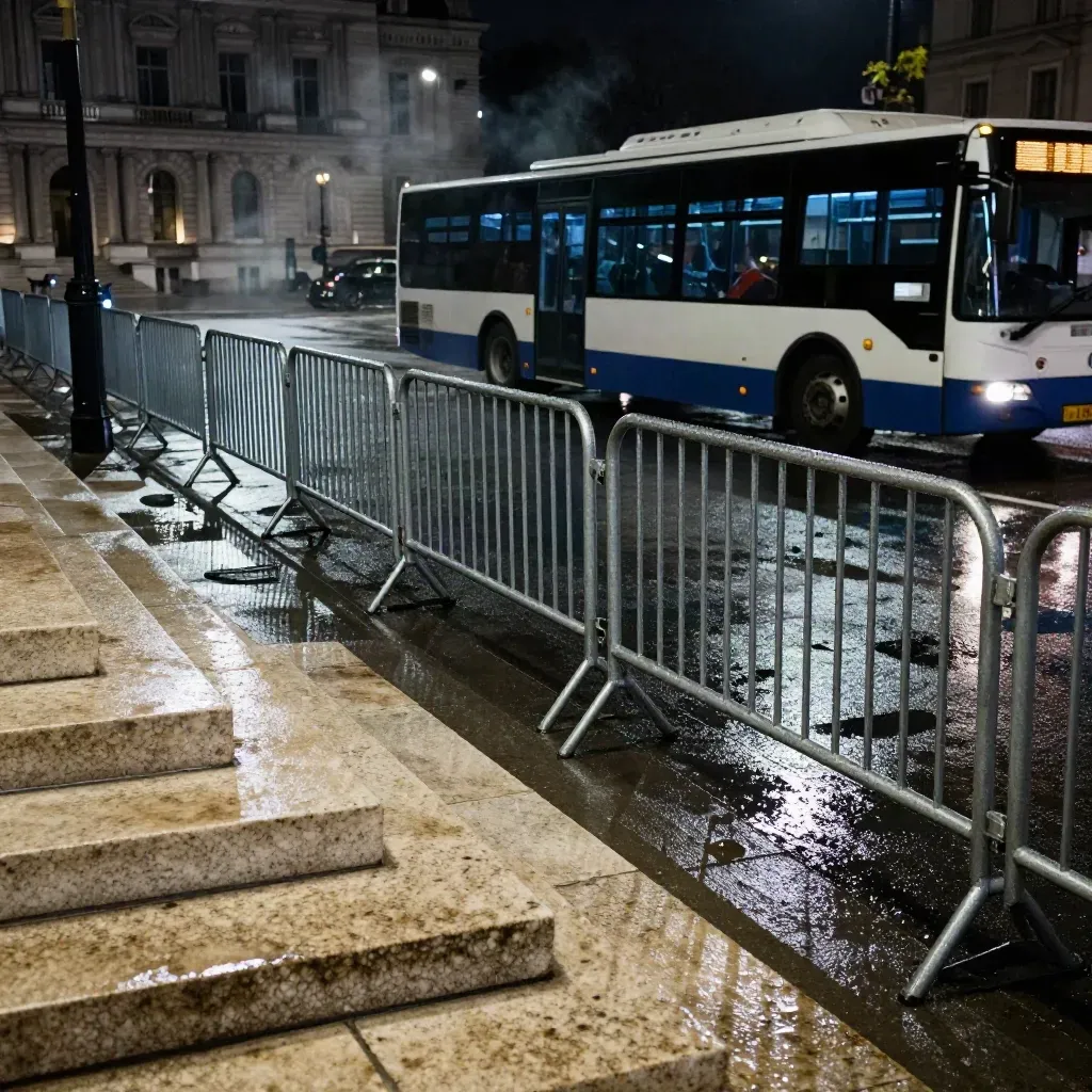 Rain-slick city hall barricades, stopped bus, and courthouse stone under blue night reflections