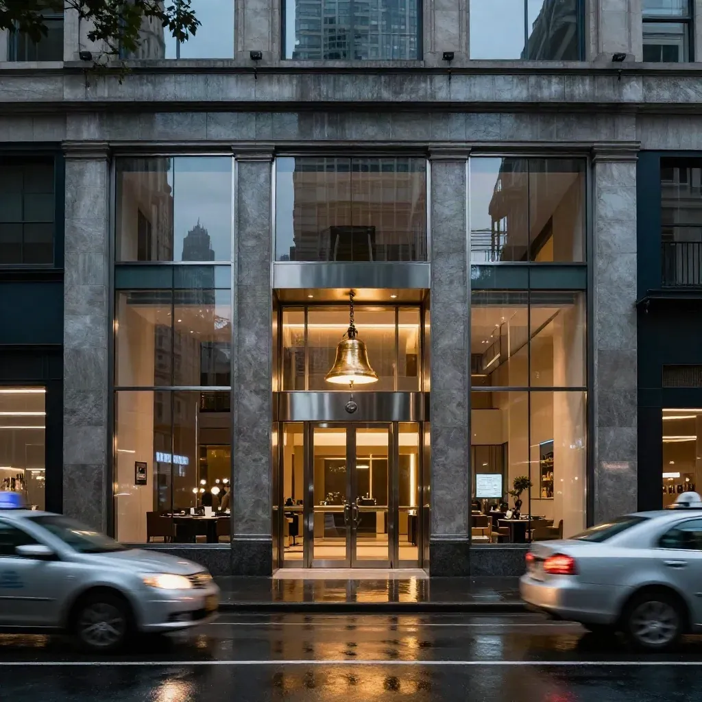 Wet trading-floor facade at dusk with taxi streaks and lobby reflections.