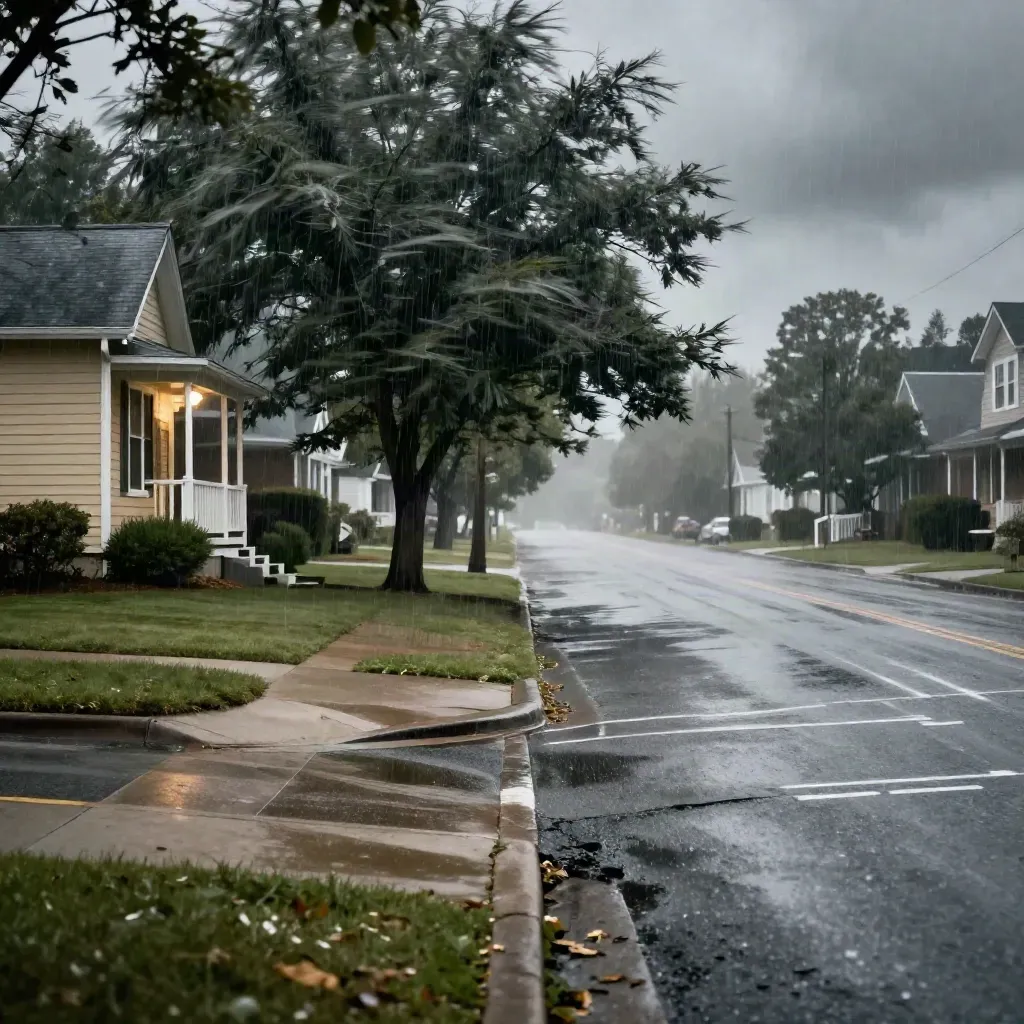 Wind-driven rain hits a suburban street with glowing porch light and bent trees at night.