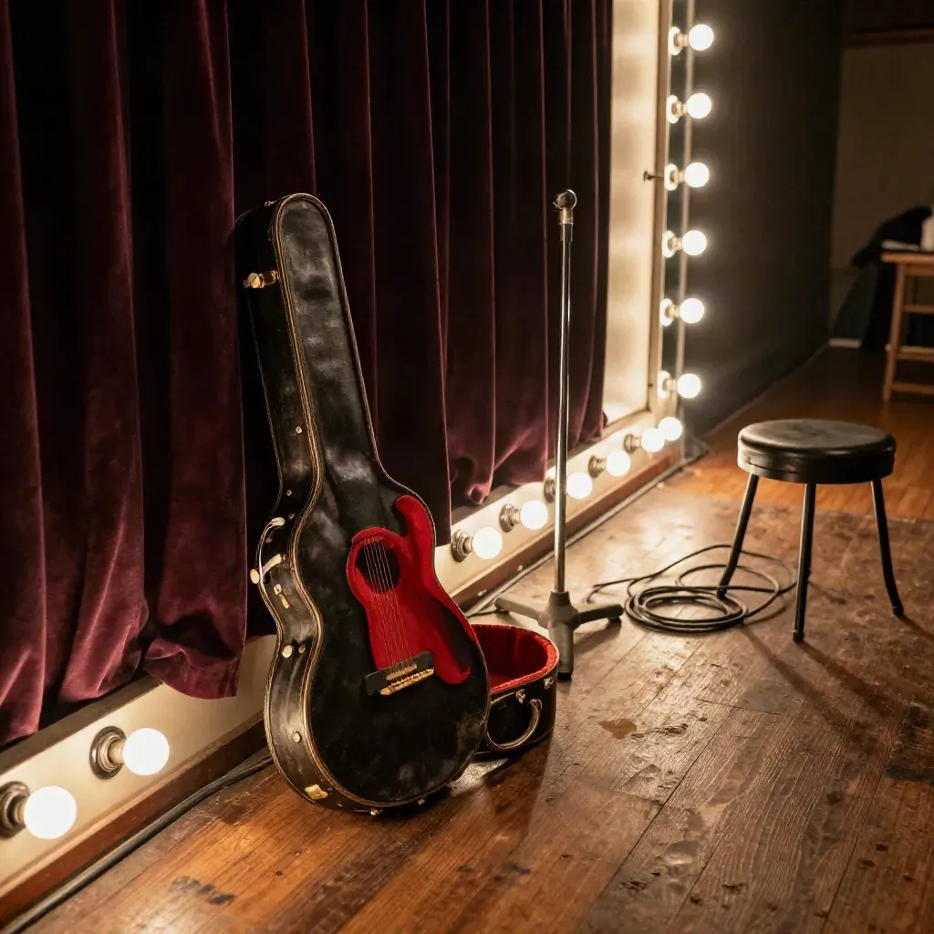 Backstage wing with glowing bulbs, open guitar case, velvet curtains, and haze after curtain call.