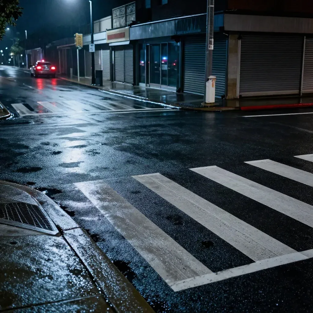 Rainy empty intersection with distant red patrol glow and closed storefronts at night