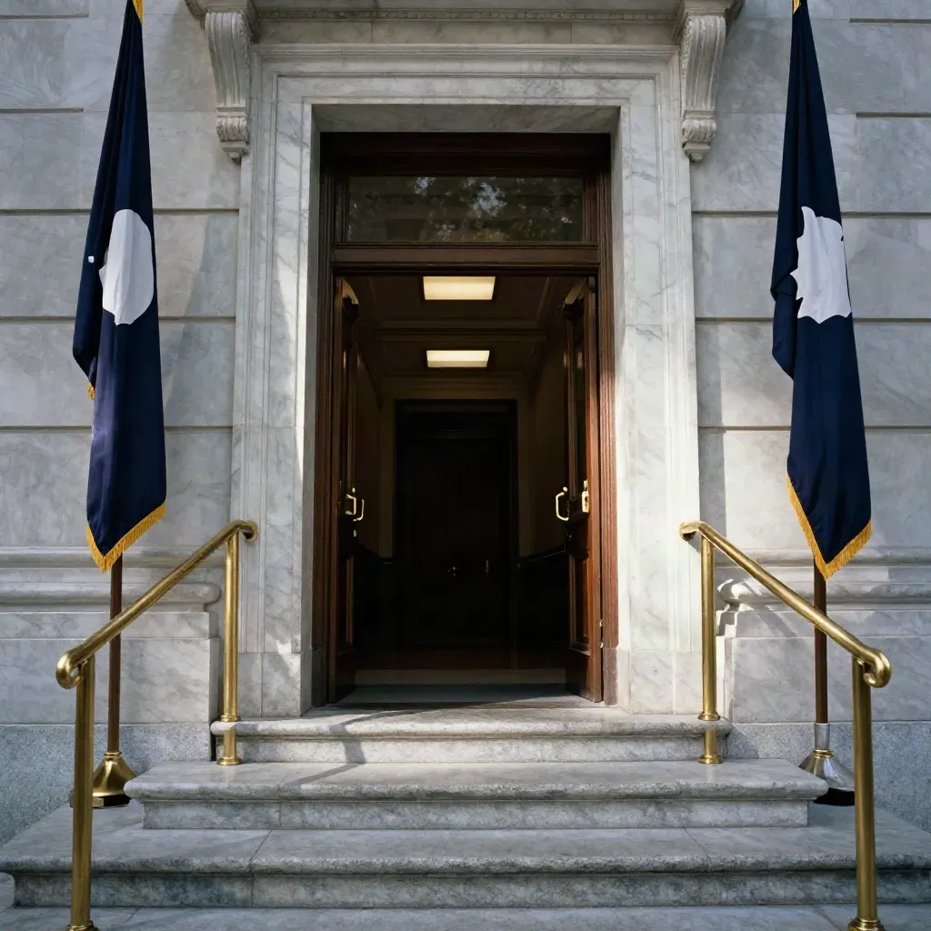 Low-angle senate chamber entrance with flags, brass rails and a glowing locked door after a late vote.