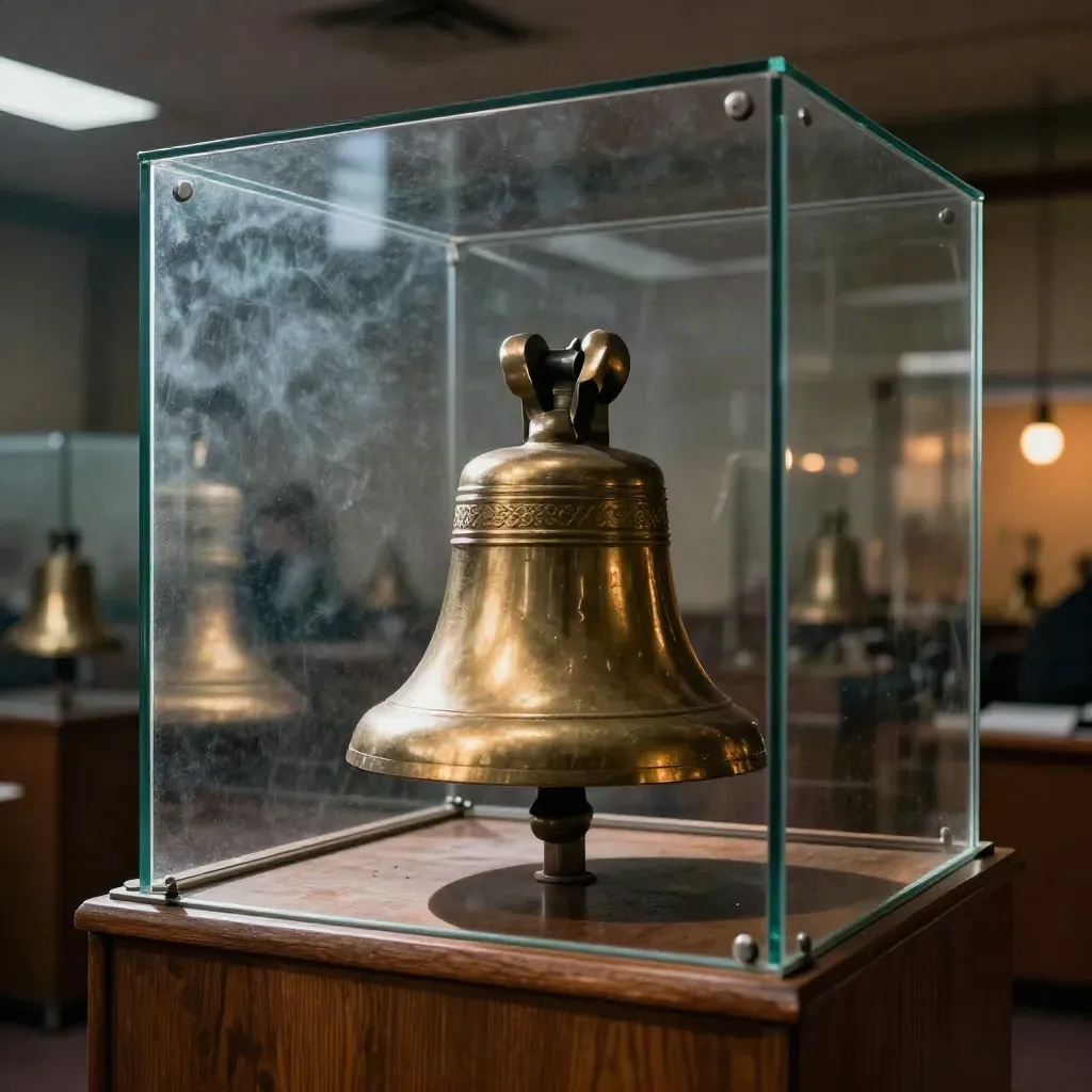 Brass trading bell on walnut podium beside glass partitions with city reflections