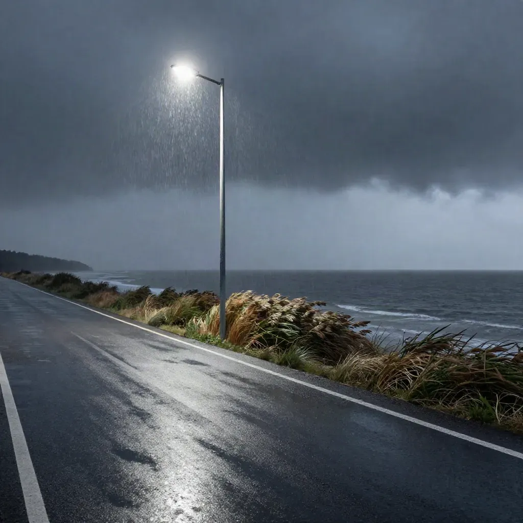 Windy coastal road at night with a lone streetlamp and rain over the sea