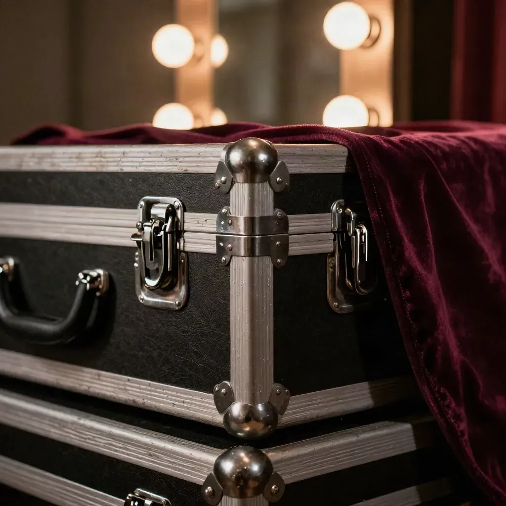 Backstage flight cases beside a bulb-lit mirror and velvet curtain in warm haze