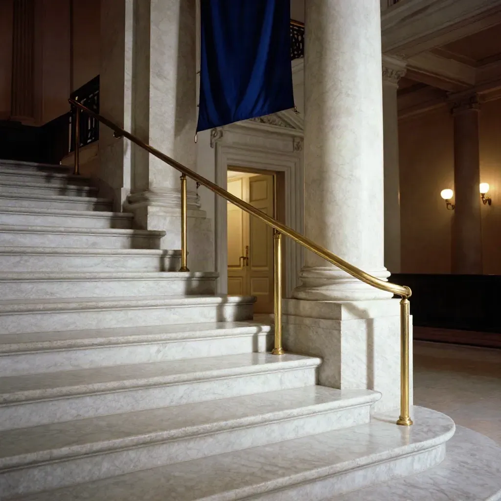 Low-angle capitol staircase with marble columns, blue flag, brass rails, and a lit committee door after hearings.