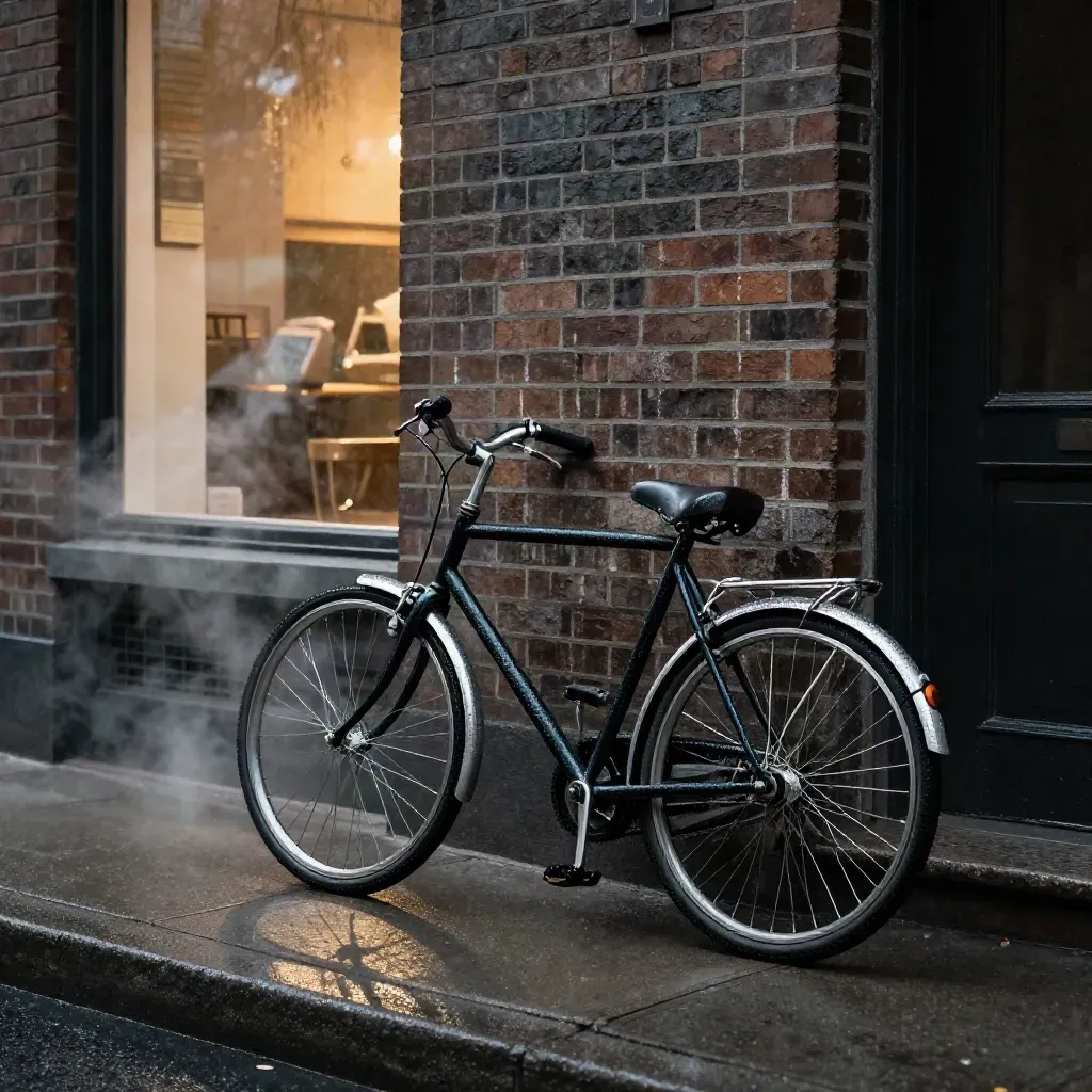Rainy corner with a bicycle, glowing deli window, and wet brick under streetlamps.