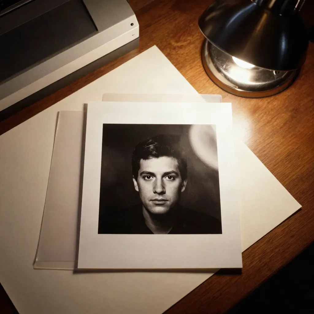 Overhead of contact prints, sleeves, and a glowing light table in a warm newsroom photo archive.