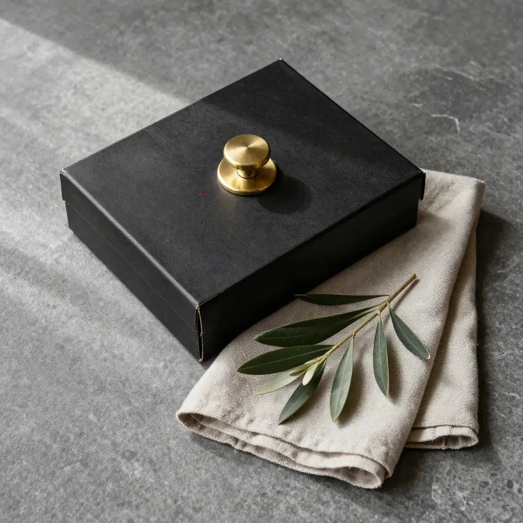 Top-down politics still life with ballot box lid, linen cloth and olive branch on stone.