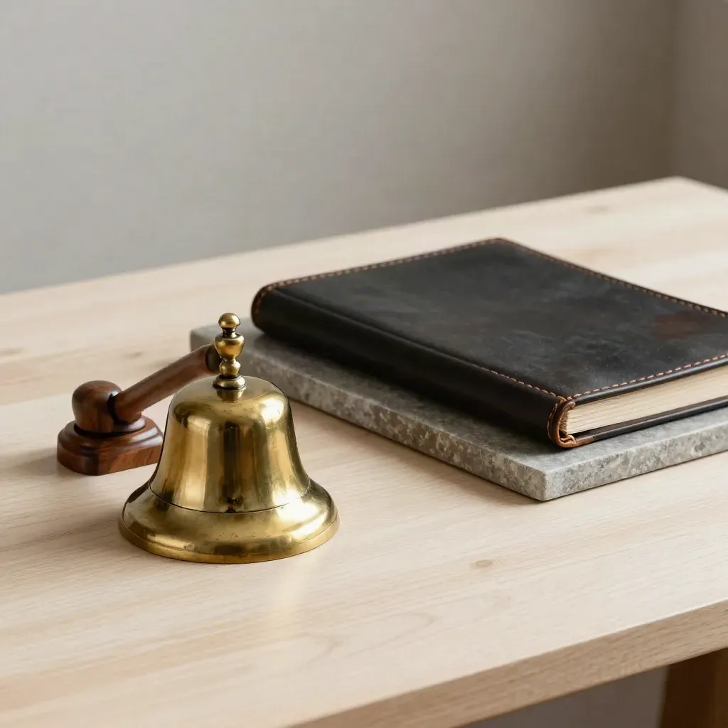 Brass closing bell with walnut stand, stone tray, and leather folio on pale wood.