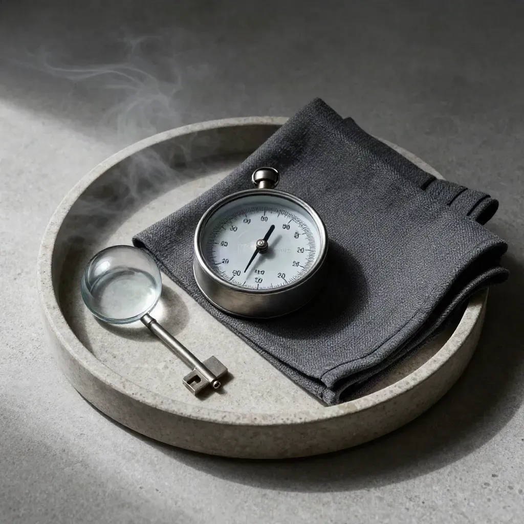 Barometer, cloud paperweight, and charcoal cloth arranged on a stone tray.