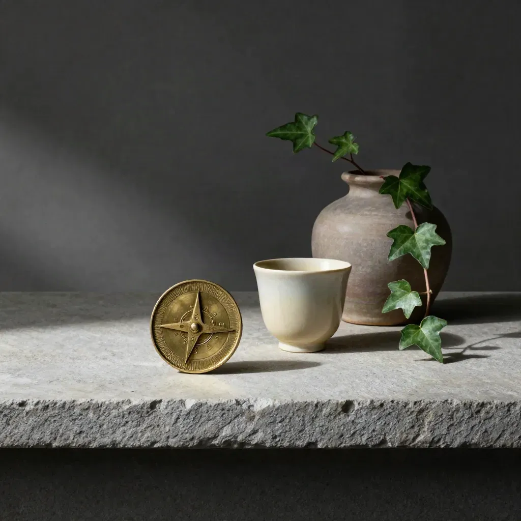 Brass transit token beside a ceramic cup and ivy on a stone shelf