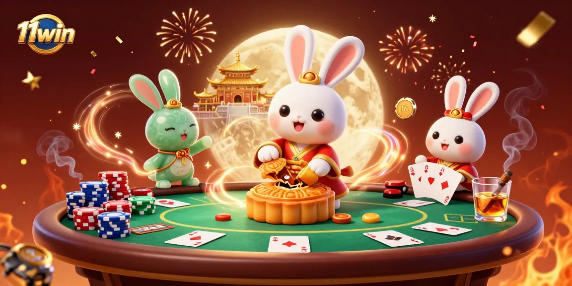 Play poker with 11win at a festive lunar casino scene featuring moon rabbits and poker excitement.